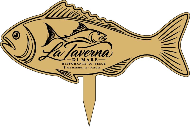 Pesce segnapiatto personalizzato oro con logo per ristorante di pesce